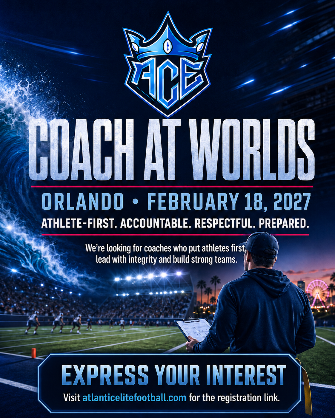 ACE Coach at Worlds recruitment poster for Orlando on February 18, 2027