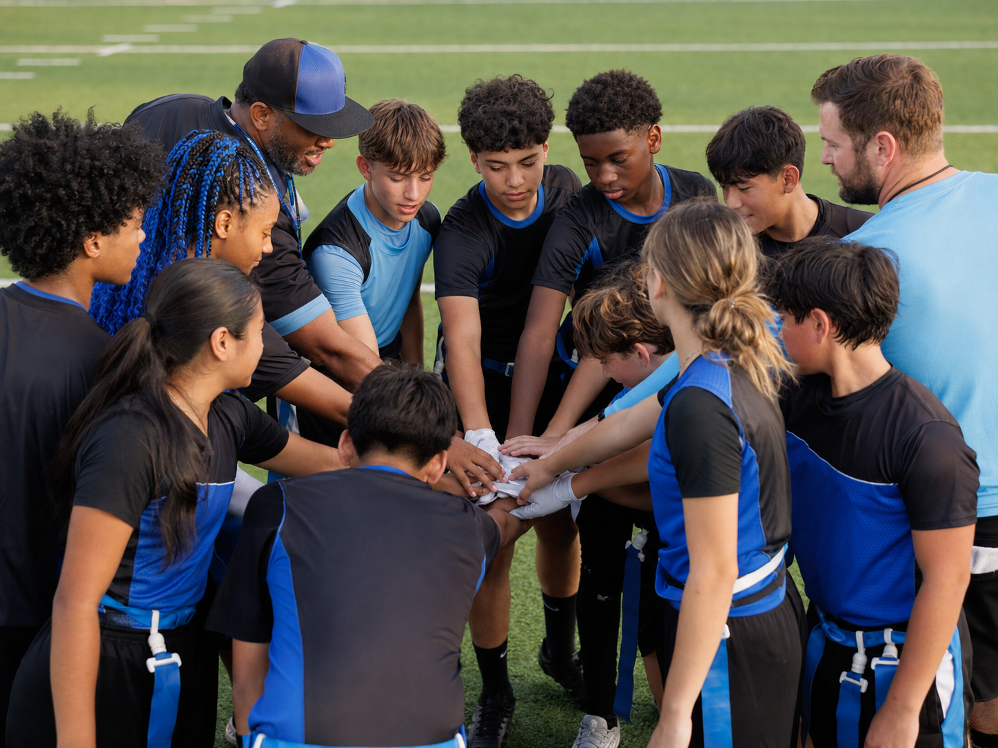 Athletes and coaches in a team huddle